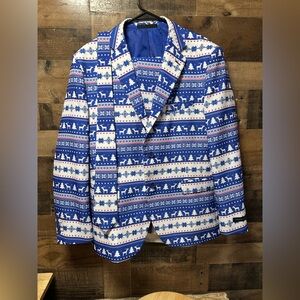 Braveman Mens Blue Christmas Suit Reindeer Snowflake Nordic Jacket Pants Tie 36W